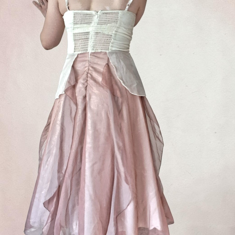 Vintage Y2K Dusty Rose Pink Cream Ivory Organza Layered Midi Dress Fairycore M - Picture 14 of 16